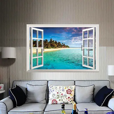 

3D Window Tropical View Beach Mural Decor Art Home Vinyl Wall Room Decal Sticker