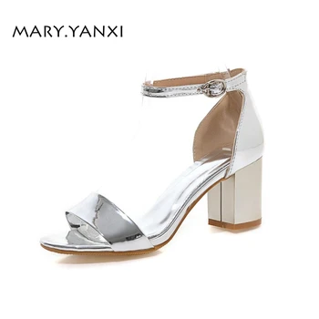 

Summer Women Sandals Big Size Shoes Buckle Strap Patent Leather Fashion Casual Solid Square High Heel Non-slip Cow Muscle Sole