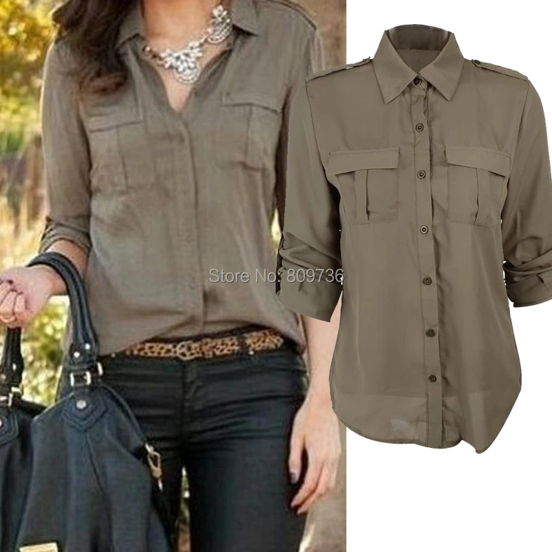 Fashion Women Button Down Shirt Casual Green Long Sleeve Slim Shirt