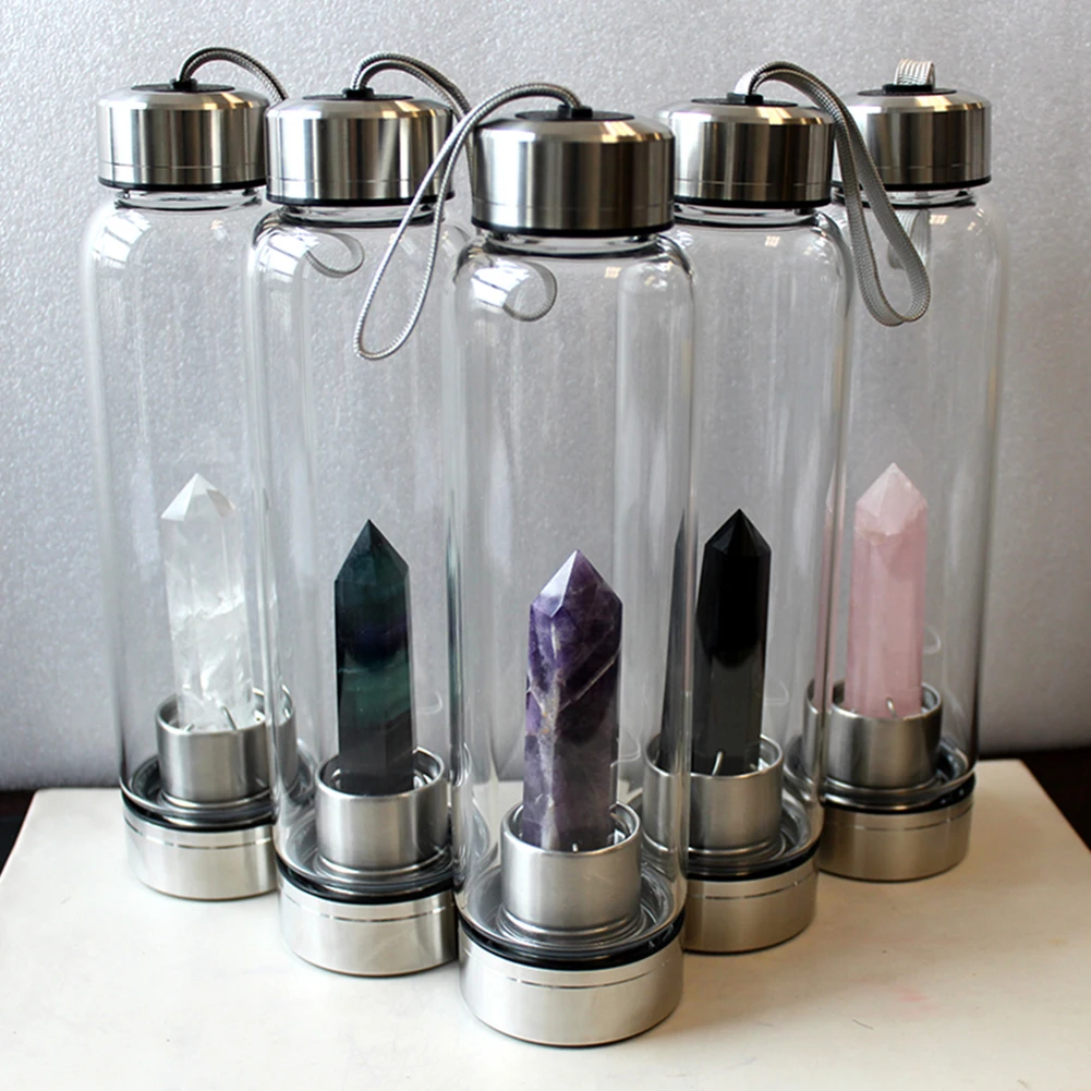 

550ml Portable Quartz Crystal Water Bottle Healing Obelisk Glass Cup Drinkware
