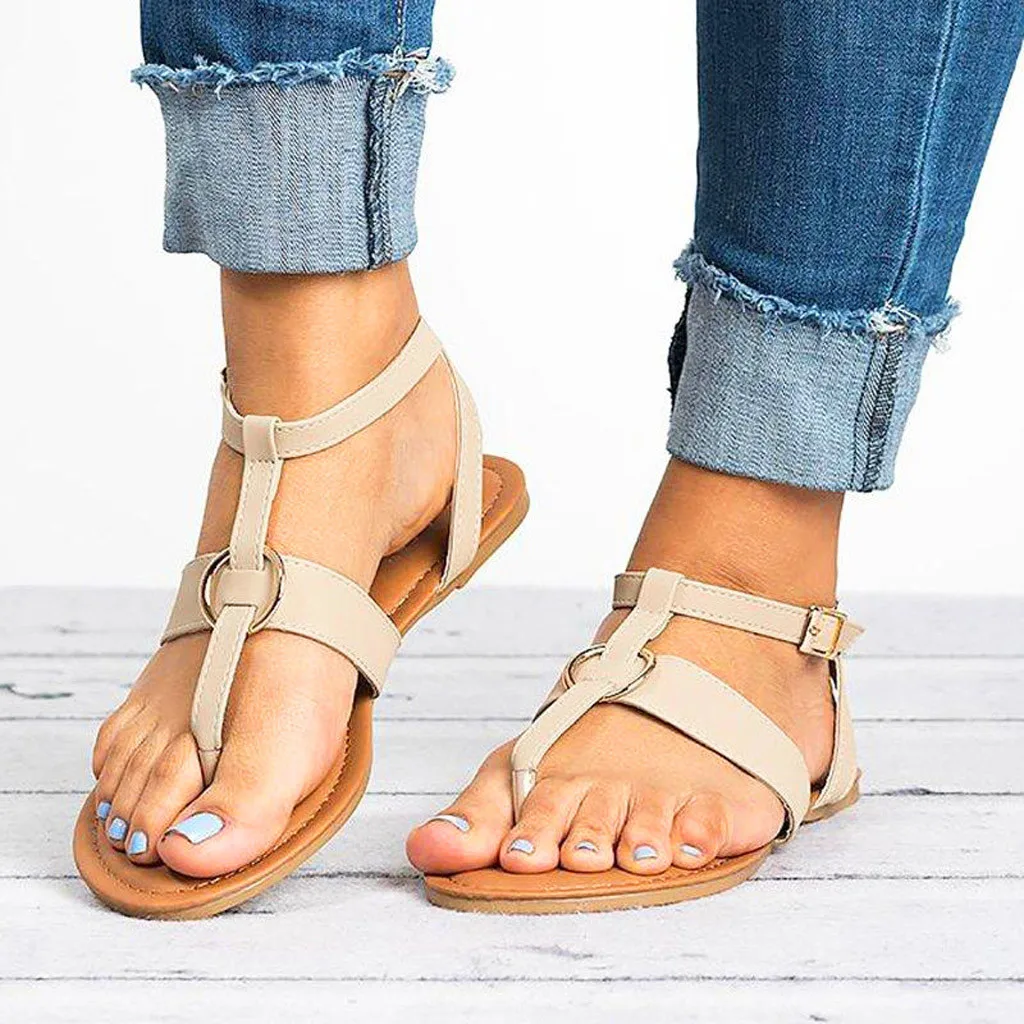 

YOUYEDIAN Women Ladies Summer Buckle Flat Flip Flops Slippers Beach Sandals Roman Ladies Metal Shallow Single Flat Toe #g4