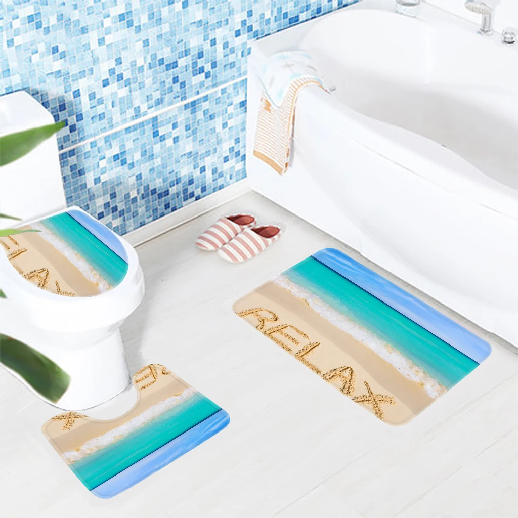 3pcs Bathroom Mat Set Beach Relax Pattern Bath Carpet Anti Slip Toilet