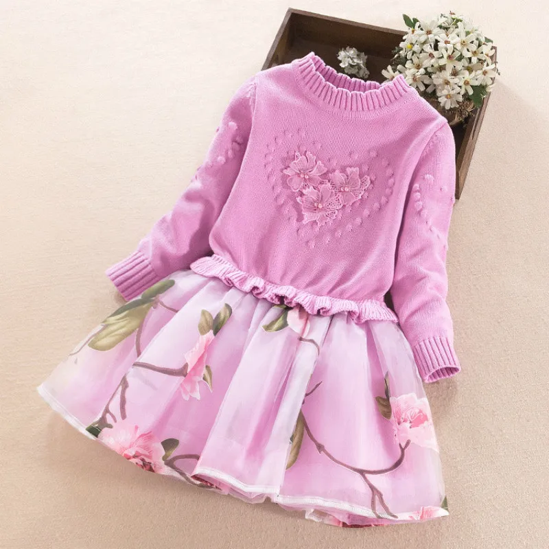 

Girls sweater dress 2018 new autumn and winter children's big children's sweater dress embroidered mesh children's