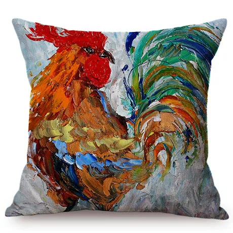 Hen Rooster Colorful Oil Painting Art Sofa Decoration Cushion Cover Rural Poultry Chicken Style Cotton Linen Square Pillow Case M082-8