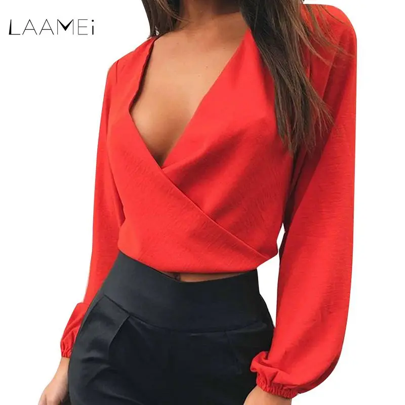

Laamei 2018 New Autumn Fashion Women Chiffon Shirts Sexy Deep V-neck Back Hollow Bow Shirts Casual Long Sleeve Club Party Tops
