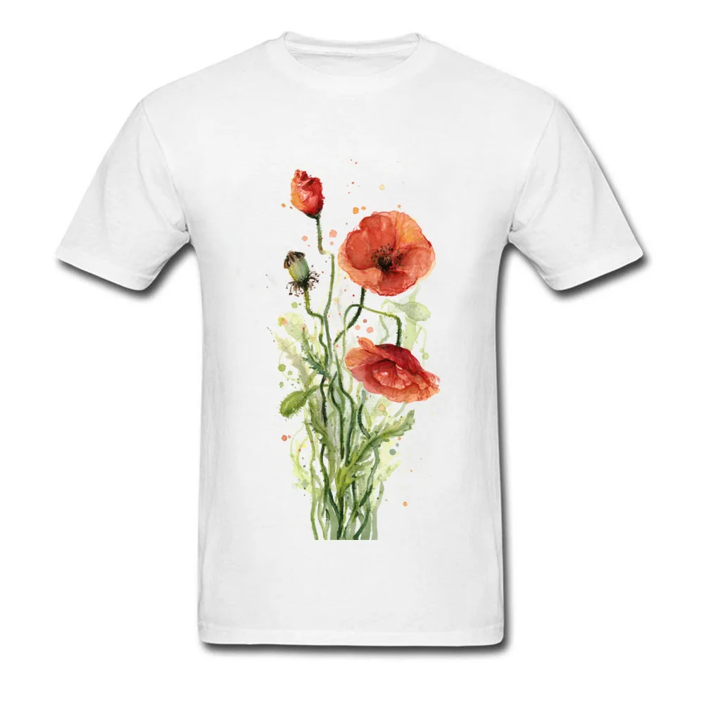 100% Cotton Young Short Sleeve Red Poppies Watercolor T-Shirt Summer Tops Shirt Plain Crazy Crew Neck Tee-Shirts Red Poppies Watercolor white
