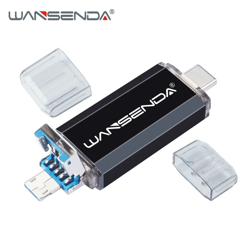 WANSENDA 3 в 1 флеш-накопитель USB 3,0 Тип-C портативный флэш-накопитель 256 ГБ 128 ГБ флэш-накопитель 64 ГБ 32 ГБ оперативной памяти, 16 Гб встроенной памяти, cle usb флеш-накопитель для Android Тип C ПК - Цвет: Черный