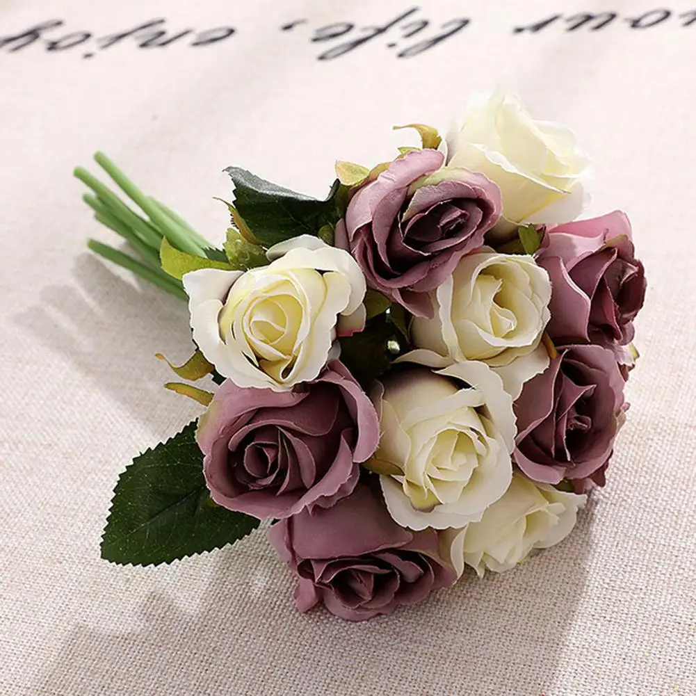 White purple 12 шт. Искусственное Моделирование роз невесты шелк роза ручной Букет Свадебные украшения реквизит для фотографий домашний декор - Цвет: White purple
