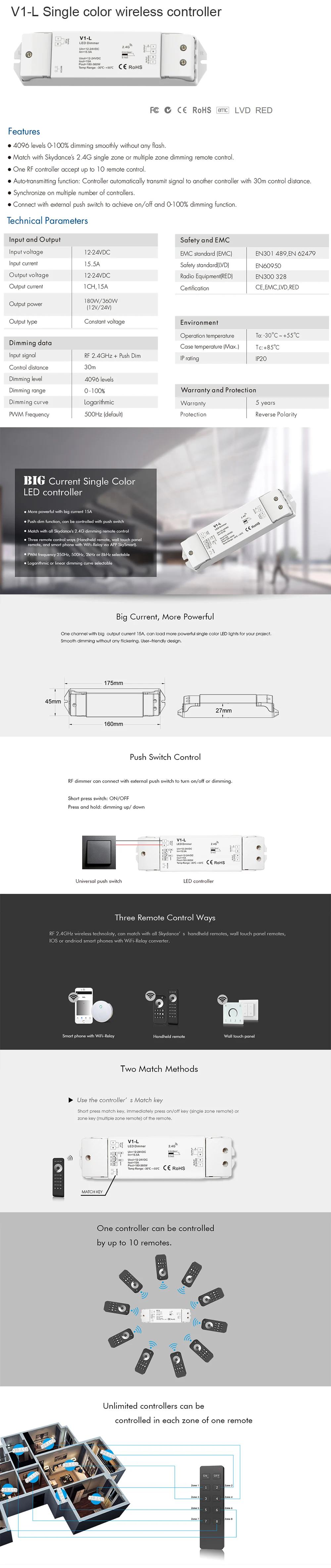 New Led Dimmer 12V/24V 15A output Receiver V1-L with 8 zone RU8 wireless RF Touch Remote 3528 5050 Led Single color strip Dimmer