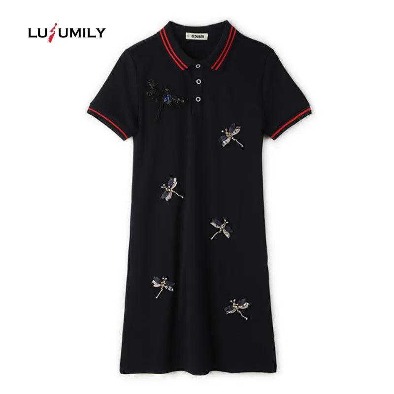 

Lusumily Brand Women Polo Dress T Shirt Short Sleeve Summer Elegant Dresses Patchwork Female Casual Oversized Dragonfly Vestidos
