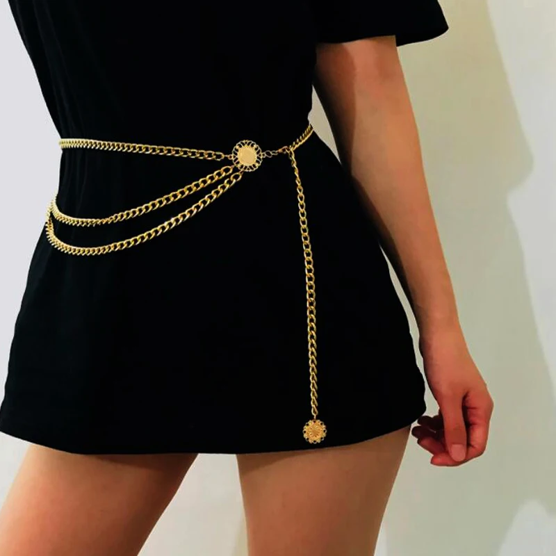 

New fashion luxury designer brand metal chain belt for women Golden coin personality hip hop style female tassel belts ceinture