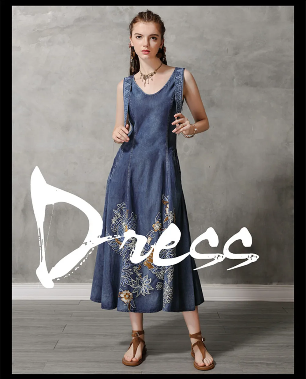 Vintage Summer Tank Dress 2019 Cotton Women Denim Dresses O-Neck Sleeveless Vintage Embroidery Swing Hem Sundress 82168  (1)