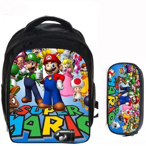 Best 13 Inch Super Mario Bros Sonic The Hedgehog Cartoon Kids Backpack School Bags for Boys Girls Mochila Infantil Pencil Bag Sets
