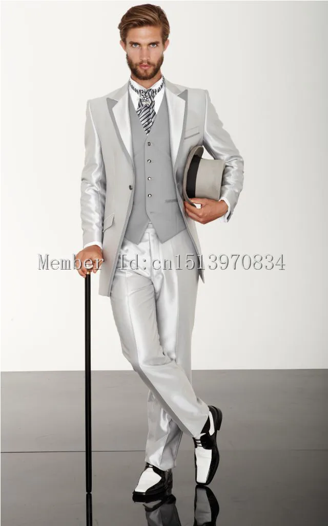 Hot Sale One Button Silver Groom Tuxedos Men's Suit Peak Lapel