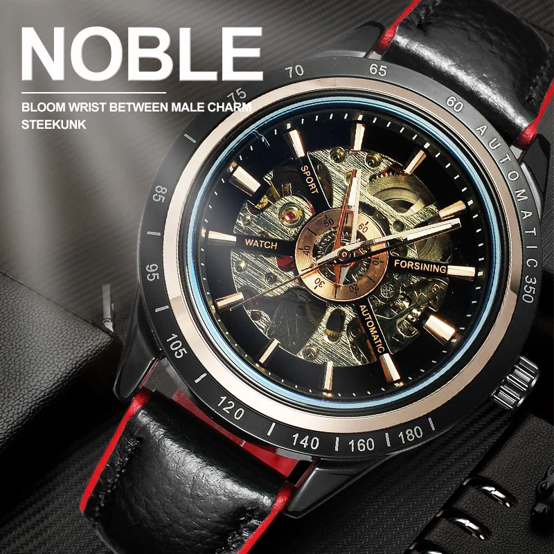 

FORSINING Motorcycle Design Transparent Genuine Red Black Belt Waterproof Skeleton Men Automatic Watches Top Brand Luxury Clock