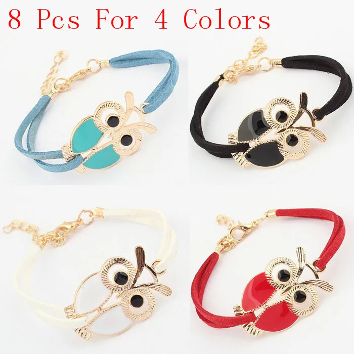 

8Pcs Fashion Handmade Womens Girls Vintage Owl Decoration Faux Bangles Braided Rope Wristband Leather Bracelet Adjustable Cute P