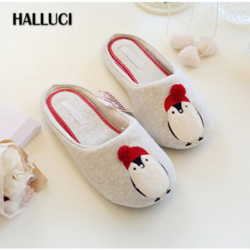 

HALLUCI Fashion cute penguin Indoor Home Slippers for women cotton Plush keep warm Couples Wooden Floor Emoji Shoes Women