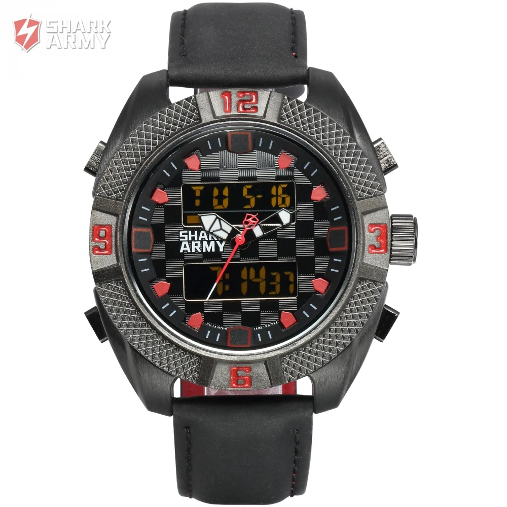 

Shark Army Chronograph Tough Black Case Leather Band Fashion Casual Watch Alarm Day Date LCD Display Man Watch Gift Box / SAW167