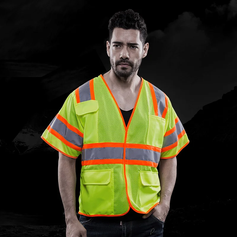 

Short Sleeve Reflective Safety Vest Pockets With Hi Vis Tapes Logo Printing Work Clothes Waistcoat Free Shipping