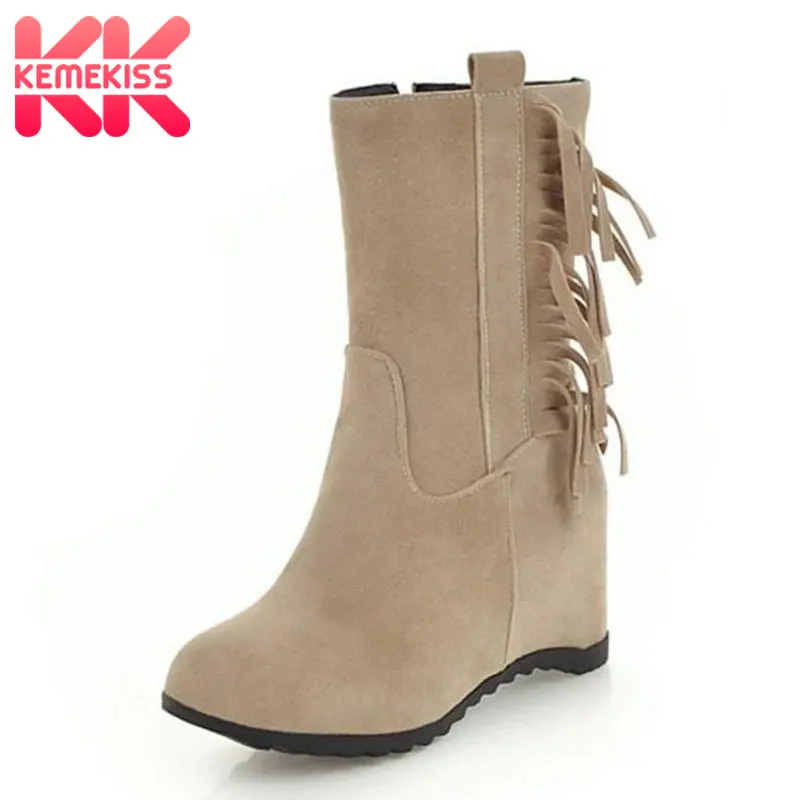 

KemeKiss New Women High Heels Boots Tassels Shoes Woman Fur Winter Mid Calf Boots Inside Heels Short Boots Footwear Size 34-43