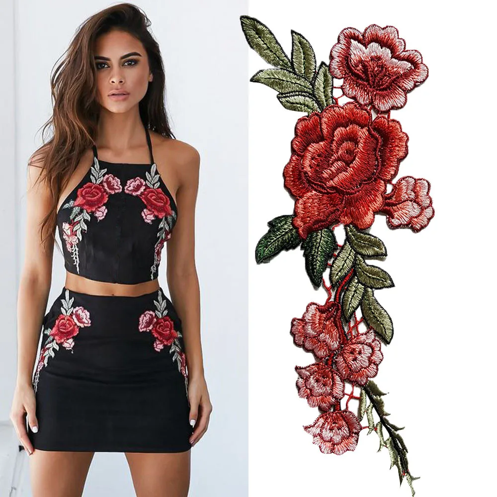 

2PC DIY Flower Patches Big Stickers Clothing Embroidery Embroidered Roses Floral Collar Sew Patch Sticker Applique Badge 2017
