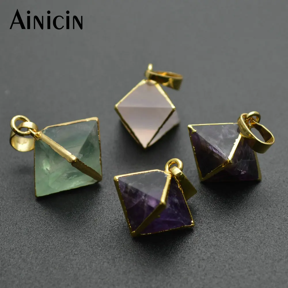 

1pc Small Size Octahedron Shape Pendants Natural Purple Crystal Fluorite Pink Gem Stone Jewelry For Men and Women