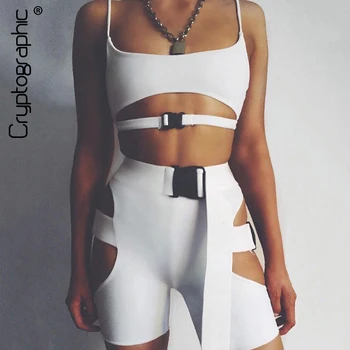 

Cryptographic hot solid neon green playsuits buckle hollow out shorts with sashes sexy playsuit romper 2019 fashion outfits