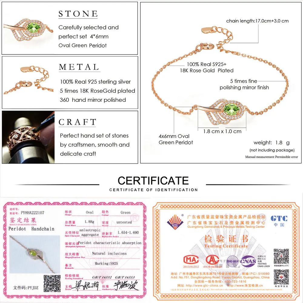 LAMOON Classic Leaf 100% Natural Oval Green Peridot Sterling Silver Jewelry Rose Gold Plated Chain Charm Bracelet S925 LMHI030