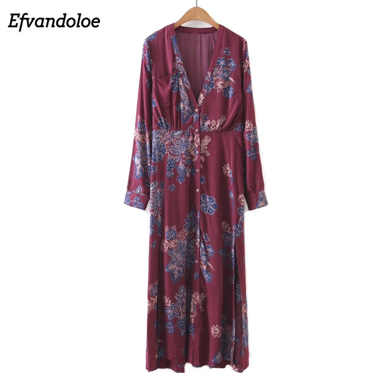 

Efvandoloe Shirt Dress Women Bohemian V Neck Long Sleeve Maxi Dress Wind Red Floral Long Dresses Elegant bodycon 2018