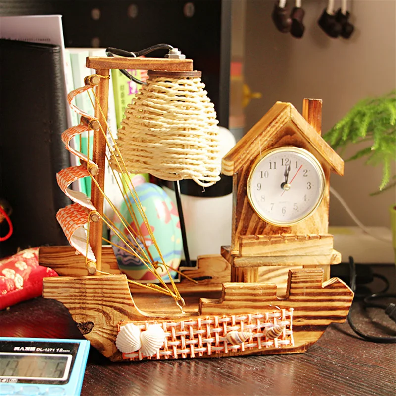 

Creative Wooden LED Lamp Model With Clock Wood Sailboat Lamp Model Decor Furniture Ornament Night Lamp Birthday Graduation Gifts