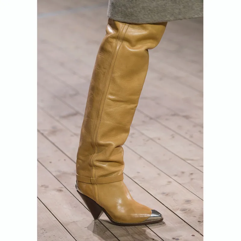 

Real Leather High-heeled Boots Woman Spike Heel Thigh High Boots Cool Metal Pointed-toe Over Knee Long Boots Model Winter Botas