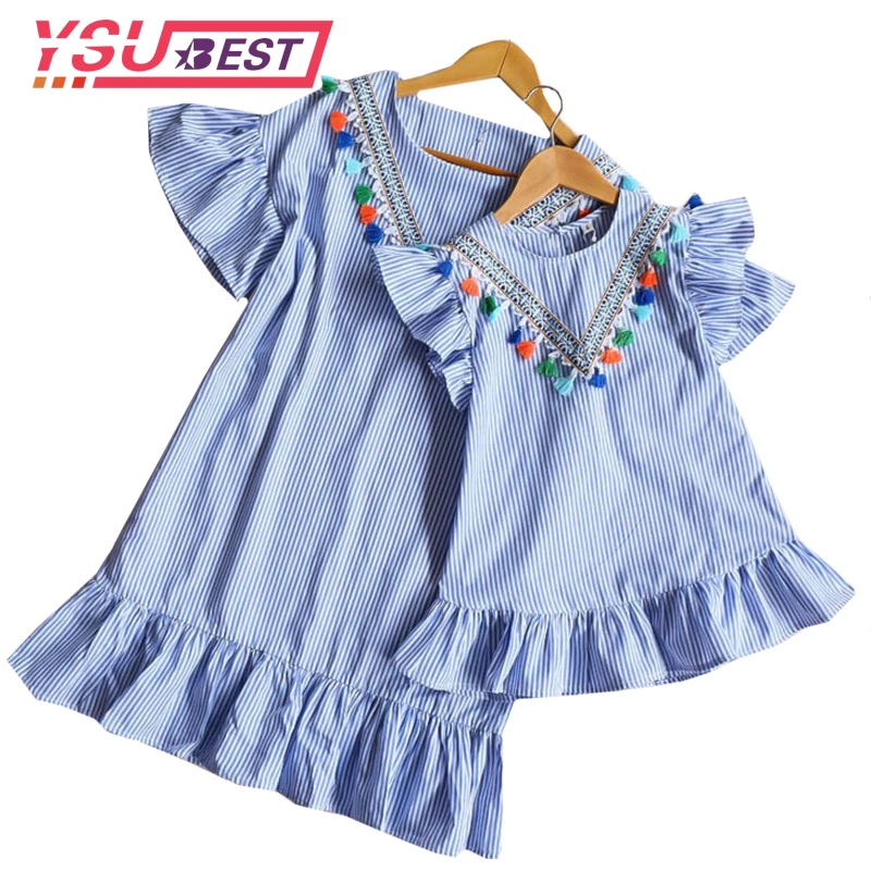 

2019 Summer Girls Dress Girl Clothing Tassel Dress For Girl Striped Robe Fille Ruffles New Kids Clothing Beautiful Blue Vestidos