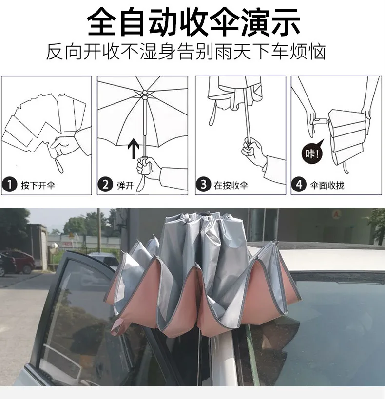 Женский зонт-автомат обратный солнцезащитный серебряный зонтик с защитой от ультрафиолета ветрозащитный мужской женский водонепроницаемый для солнечных лучей