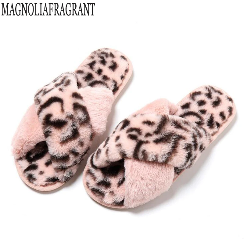 

Home Slippers Winter Women with Faux Fur Fashion Warm Shoes Woman Slip on Flats Female Slides Leopard print Plus Size flip flops