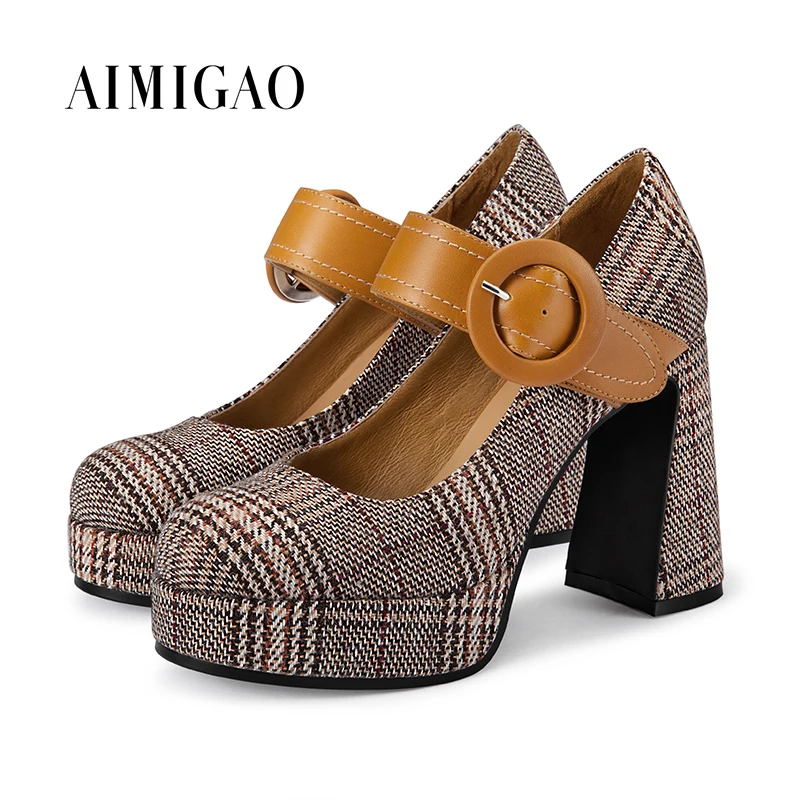 

AIMIGAO 2018 Spring New Plaid Cloth Platform High Heel Pump Shoes Round Toe Belt Buckle Mixed Color Fashion Women Office Shoes