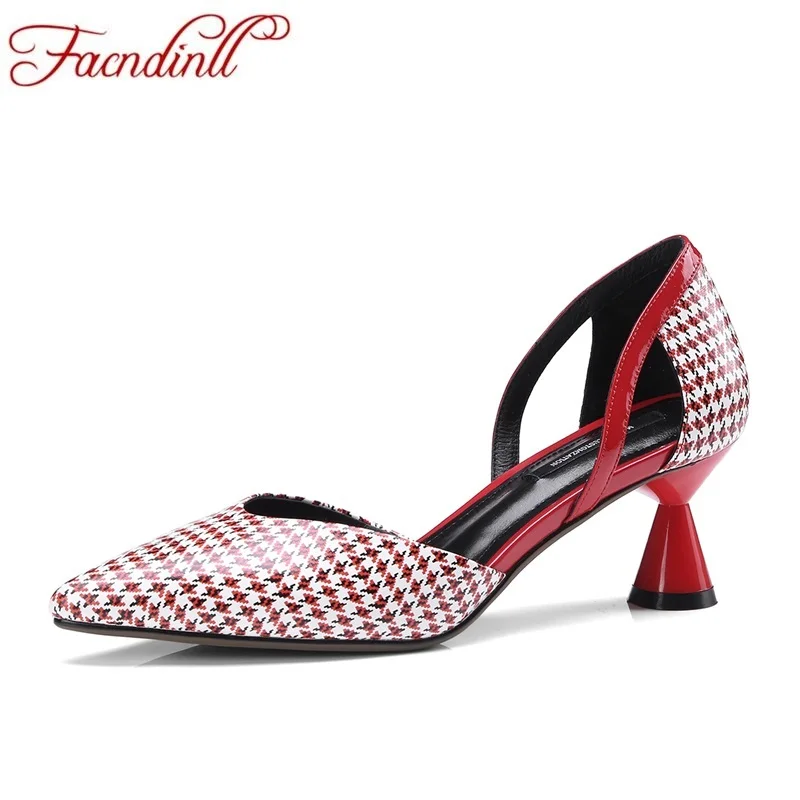 

FACNDINLL spring summer brand women pumps sexy genuine leather high heels pointed toe black red office dress party woman pumps