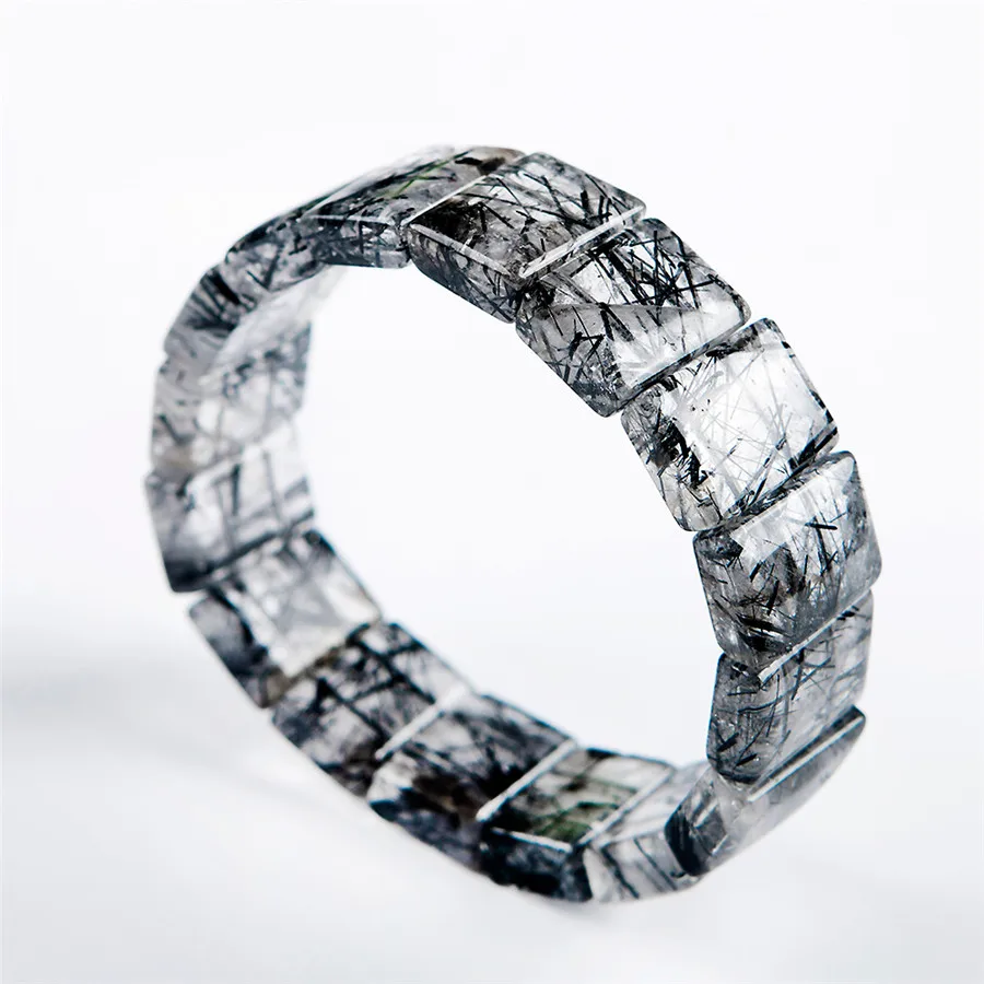 

Natural Brazil Black Hair Needle Rutilated Quartz Crystal Stretch Bracelets Charm Rectangle Beads Mens Healing Bracelet