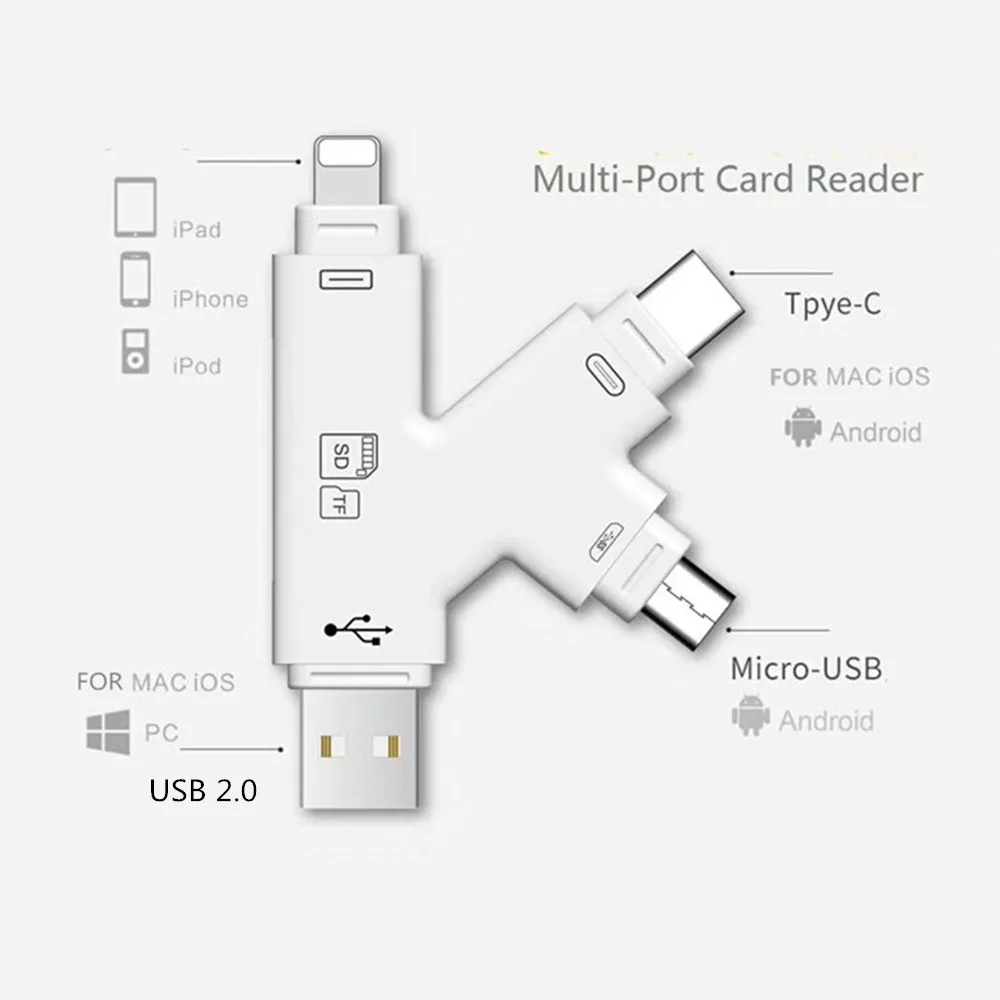 4 в 1 Micro SD и TF Card Reader USB C Тип C адаптер OTG Картридер для iPhone XS max/XS/X/7 8 плюс Android Phone MAC PC