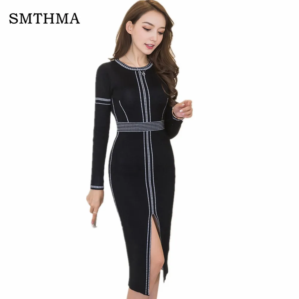 

SMTHMA High quality Newest Runway 2019 Designer Winter Dress Women's Long Sleeve Knitting jacquard Sweater Long Dress