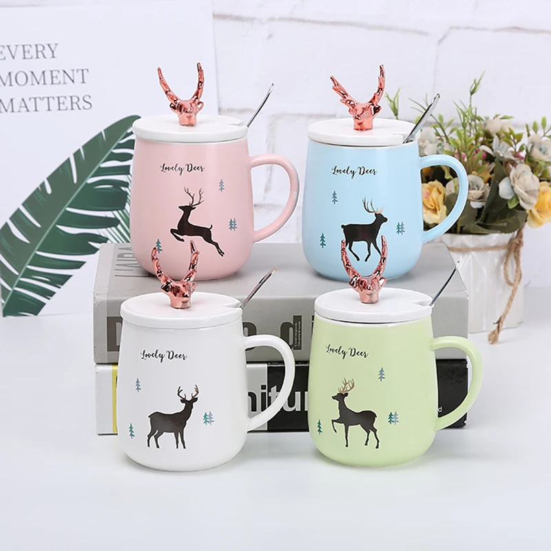 Ceramic Milk Mug Coffee Cups Cover Drink-ware Deer Pattern Christmas Gift Cafe Office Animal Image Tableware Kitchen Utensil | Дом и сад