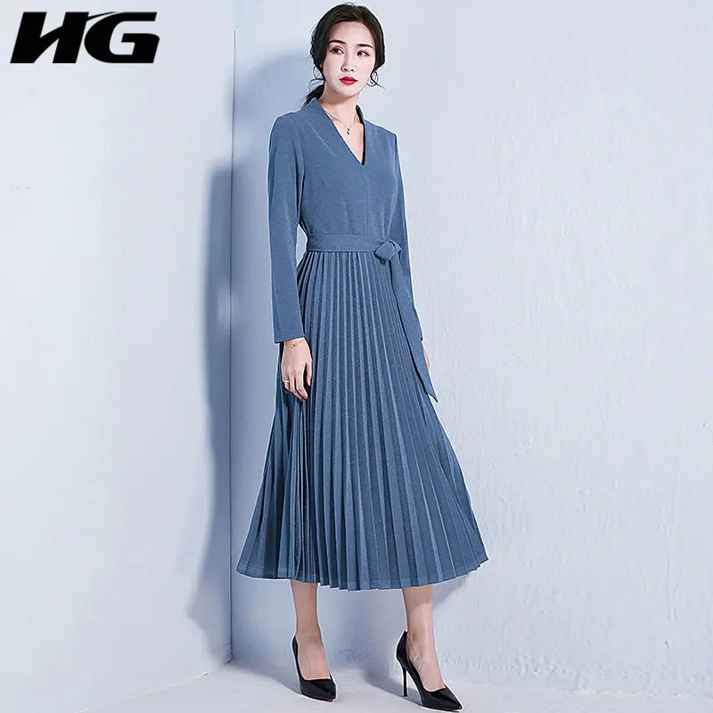 

[HG] Pleated Women 2019 Spring Summer Fashion V-neck Full Sleeve Loose Dress Female Bandage Solid Color Mid-calf Dress DLL1606