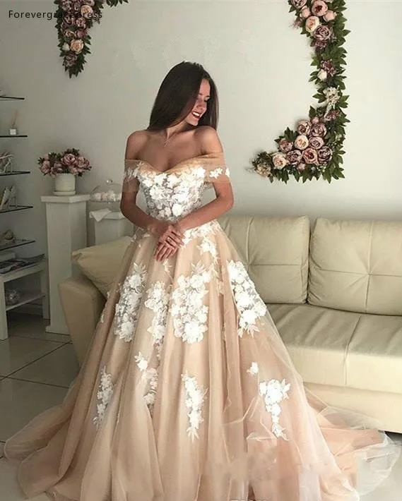 Romantic A Line Champagne Wedding Dresses Elegant Off Shoulder Backless Applique Tulle Long Bridal Gowns Lace-up Back BC1061  163 (7)