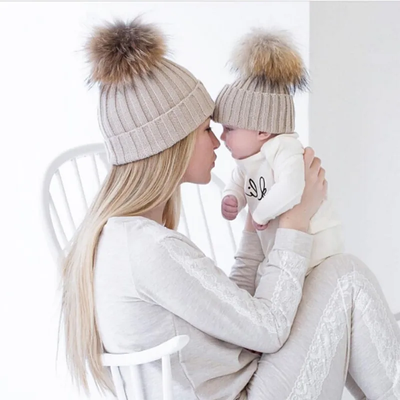 

2Pcs Winter Warm Parent-child Hat Baby Girls Boys Hats Women Mother Hat Warm Winter Knit Fur Crochet Pompon Caps