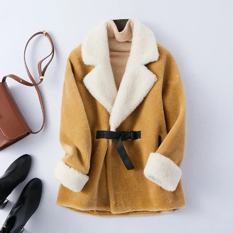 Korean style Winter 100% Real Fur wool Coat women Short blue yellow Whole Wool Skin Fur Adjustable Waist Belt Jacket