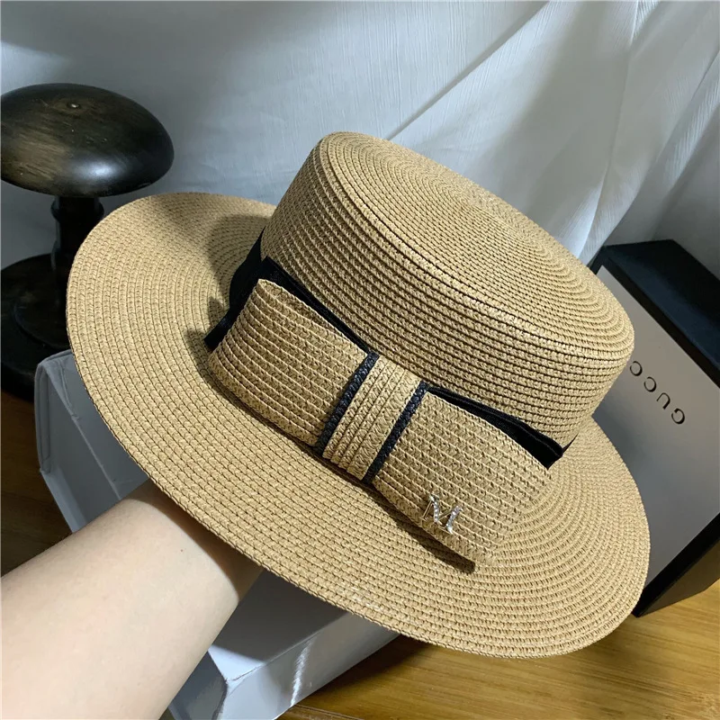 French Straw Flat Top Bow Female Sun Hats M Panama Elegant Wide Brim Anti-UV Beach Hat Women's Summer Sun Cap Gorras