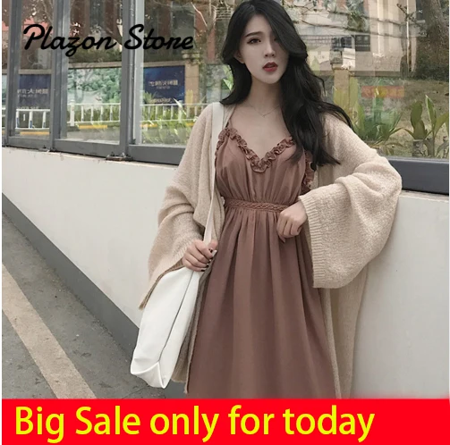 

Two Piece Vintage Dress Knit Shawl Sexy Elegant Kawaii Harajuku Dress Party Night Club Dress 2019 Knitted Shawl Korean