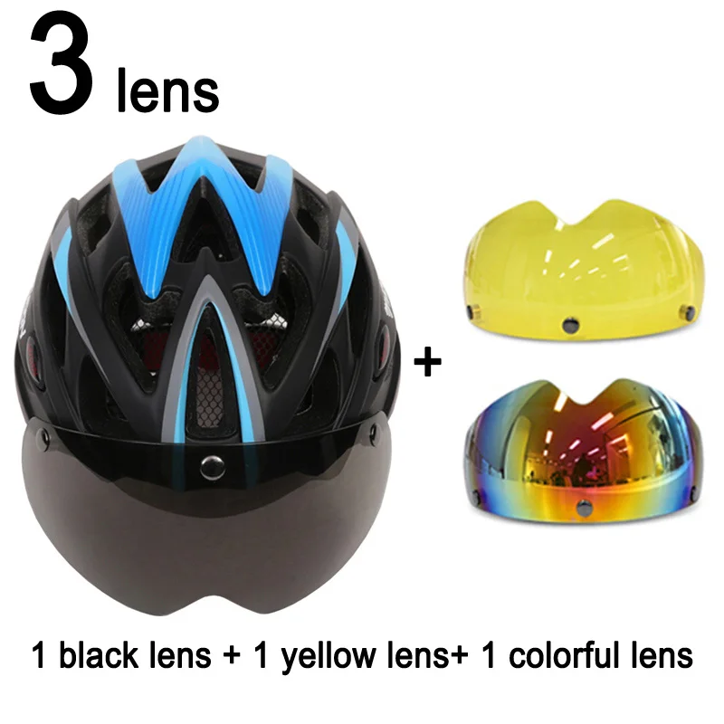 MOON Магнитные очки велосипедный шлем в форме велосипедного шлема с объективом ультралегкий Casco Ciclismo велосипедный шлем 55-61 см 3 цвета - Цвет: Blue Black 3 Lenses