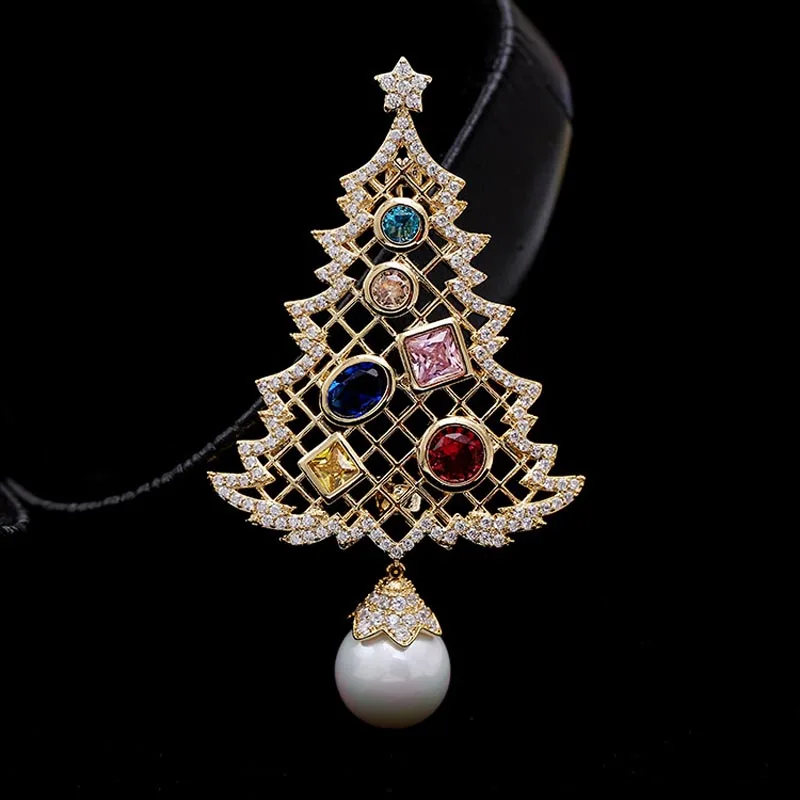 

Red Trees Brand Christmas Tree Brooch Drop For Women With Cubic Zirconia and Shell Pearl High Quality Gift Box