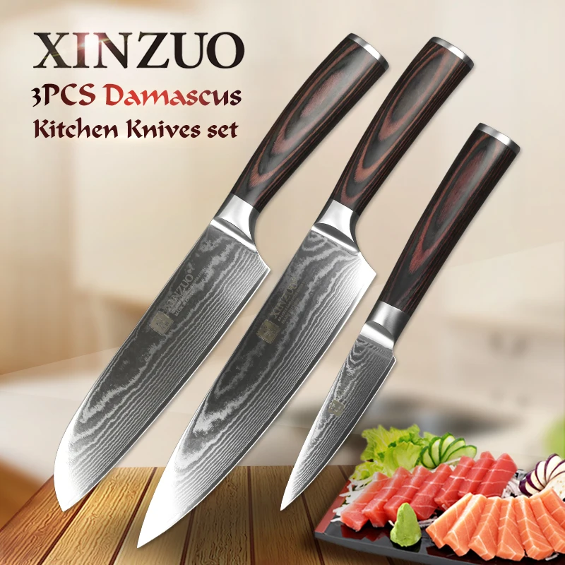 

XINZUO 3 PCS Kitchen Knives Sets 67 Layers Damascus Stainless Steel 8''Chef 3''Paring 7'' Santoku Knife with Pakka Wood Handle