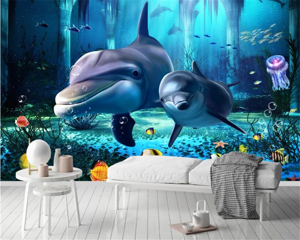 beibehang New fashion indoor silk papel de parede wallpaper personality dolphin anemone plant 3D vestibule background wall paper